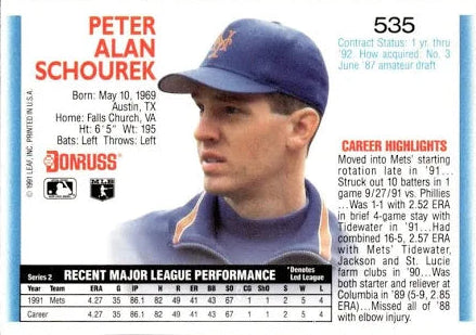 1992 Donruss Peter Alan Schourek Baseball Card #535