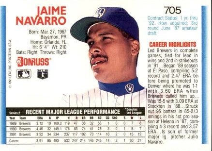 1992 Donruss Jaime Navarro Baseball Card #705