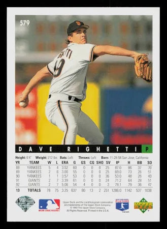 1993 Upper Deck Dave Righetti Baseball Card #579