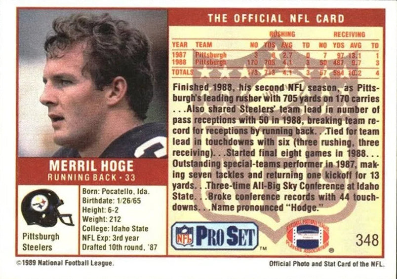 1989 NFL Pro Set Merril Hoge Football Card #348
