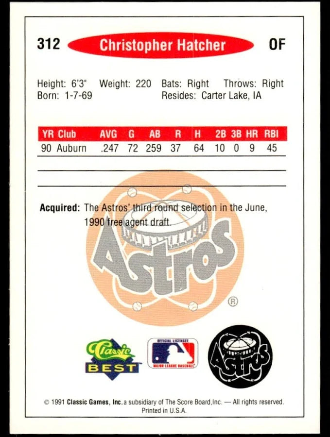 1991 Classic Christopher Hatcher Baseball Card #312