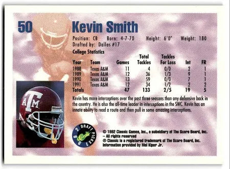 1992 Classic Draft Picks Kevin Smith Football Card #50