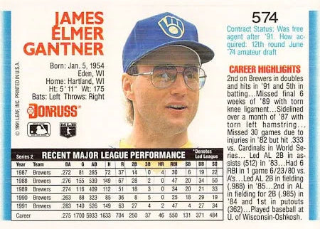 1992 Donruss James Elmer Gantner Baseball Card #574