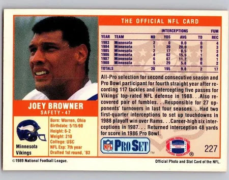 1989 NFL Pro Set Joey Browner Football Card #227
