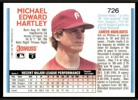 1992 Donruss Michael Edward Hartley Baseball Card #726