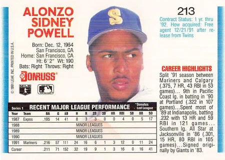 1992 Donruss Alonzo Sidney Powell Baseball Card #213