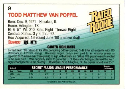 1992 Donruss Rated Rookie Todd Matthew Van Poppel Baseball Card #9