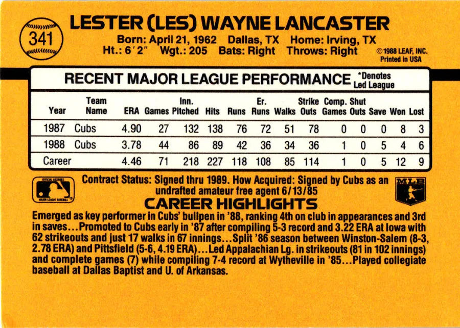 1989 Donruss Lester (Les) Wayne Lancaster Baseball Card #341