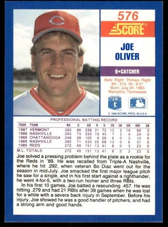 1990 Score Joe Oliver Baseball Card #10
