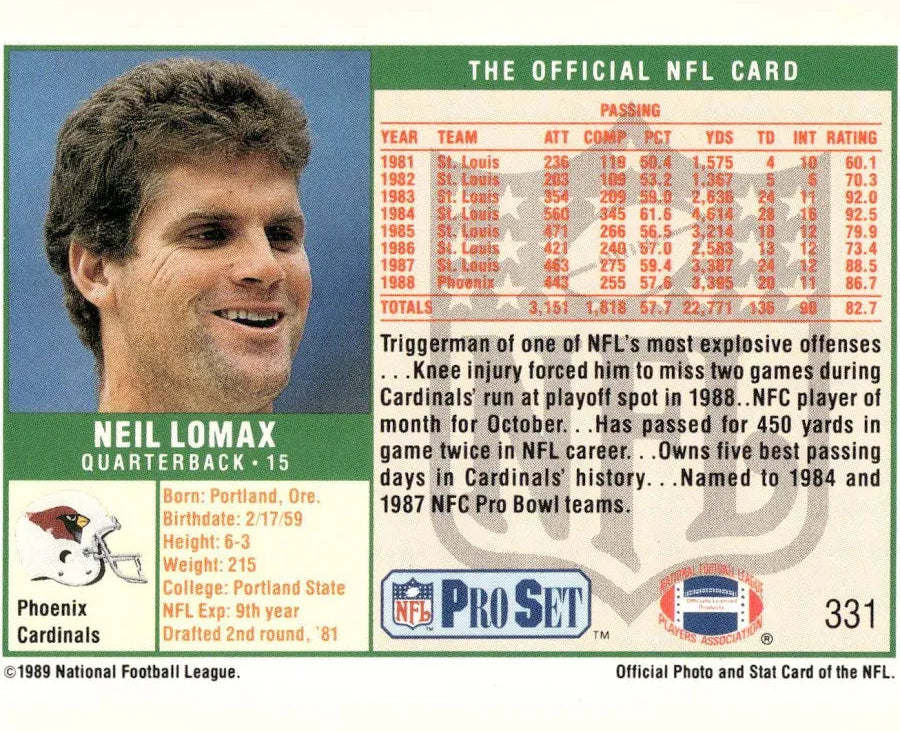 1989 NFL Pro Set Neil Lomax Football Card #331