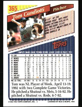 1993 Topps Tom Candiotti Baseball Card #365
