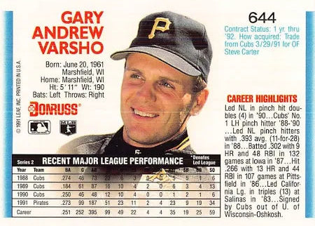 1992 Donruss Gary Andrew Varsho Baseball Card #644