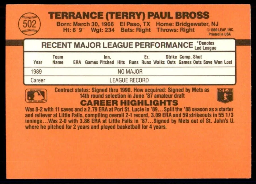 1990 Donruss Terrance (Terry) Paul Bross Baseball Card #502