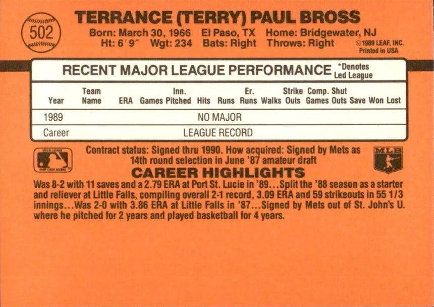 1990 Donruss Terrance (Terry) Paul Bross Baseball Card #502