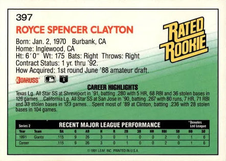 1992 Donruss Rated Rookie Royce Spencer Clayton Baseball Card #397
