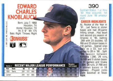 1992 Donruss Edward Charles Knoblauch Baseball Card #390