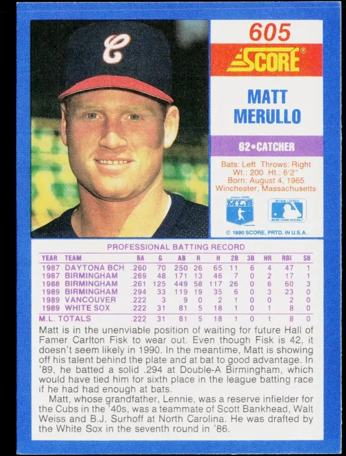 1990 Score Matt Merullo Baseball Card #605