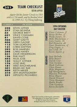 1994 Upper Deck Team Checklist Kevin Appier Baseball Card #351