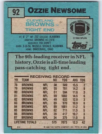 1988 Topps Ozzie Newsome Football Card #92