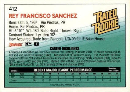 1992 Donruss Rated Rookie Rey Francisco Sanchez Baseball Card #412