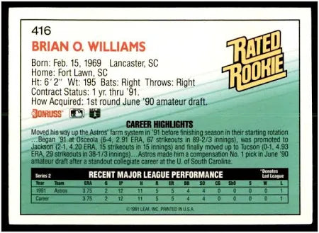 1992 Donruss Rated Rookie Brian O. Williams Baseball Card #416