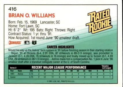 1992 Donruss Rated Rookie Brian O. Williams Baseball Card #416