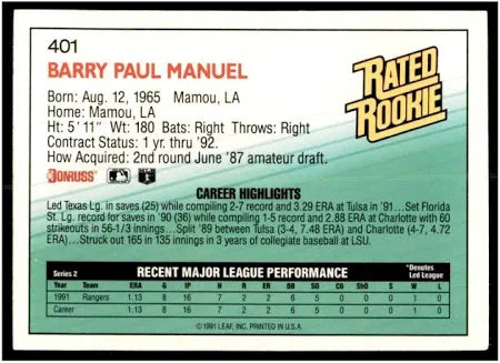 1992 Donruss Rated Rookie Barry Paul Manuel Baseball Card #401