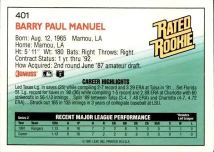 1992 Donruss Rated Rookie Barry Paul Manuel Baseball Card #401