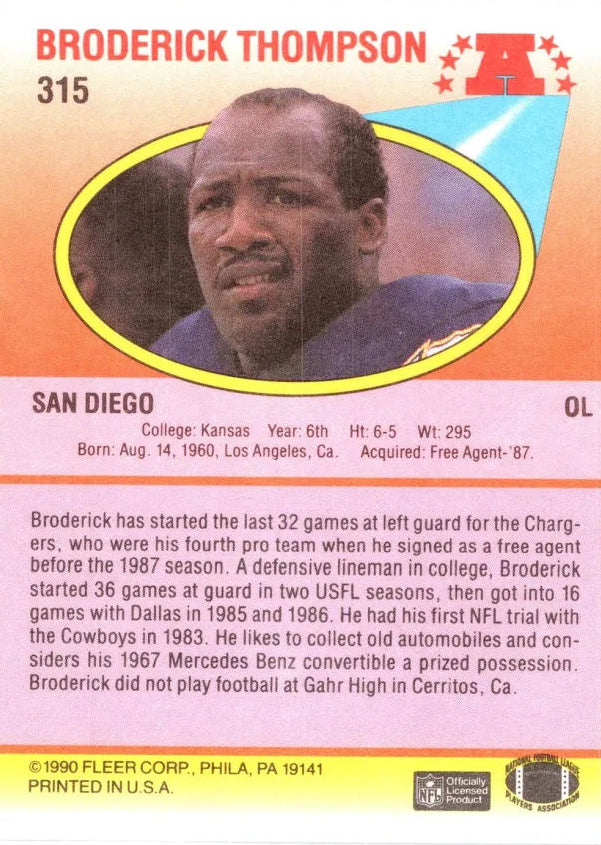 1990 Fleer Broderick Thompson Football Card #315