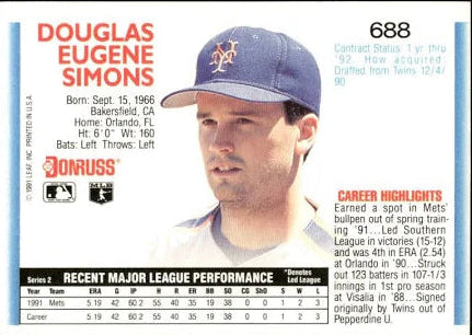1992 Donruss Douglas Eugene Simons Baseball Card #688