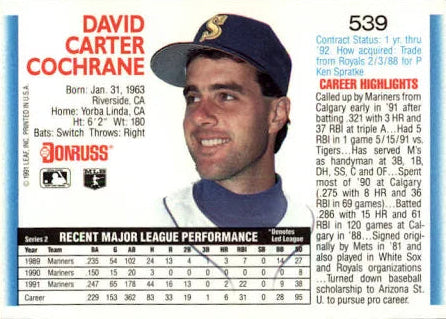 1992 Donruss David Carter Cochrane Baseball Card #539