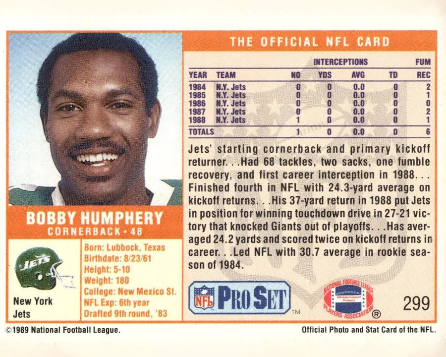 1989 NFL Pro Set Bobby Humphery Football Card #299