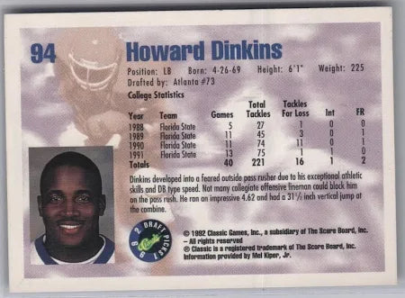 1992 Classic Draft Picks Howard Dinkins Football Card #94