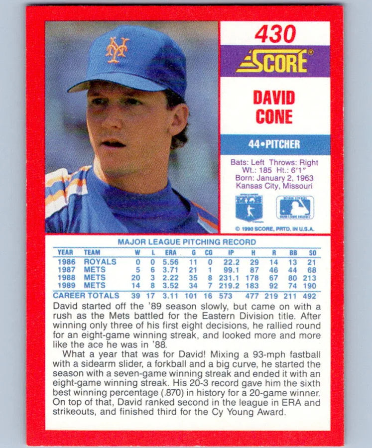 1990 Score David Cone Baseball Card #430