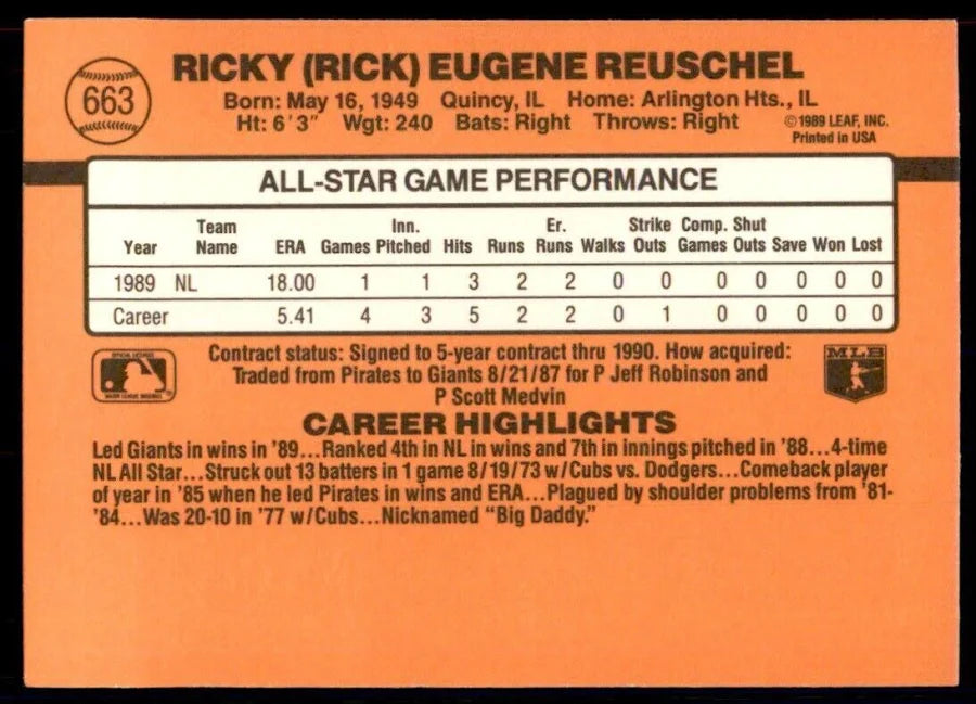 1990 Donruss Ricky (Rick) Eugene Reuschel Baseball Card #663