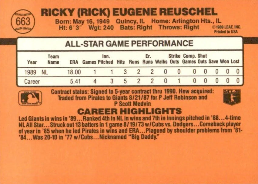 1990 Donruss Ricky (Rick) Eugene Reuschel Baseball Card #663