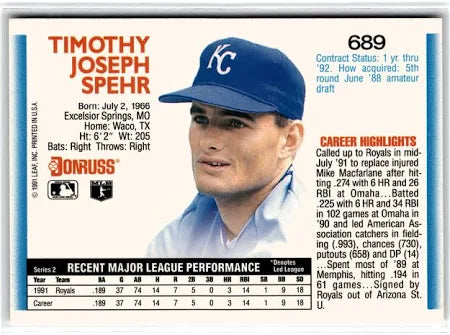 1992 Donruss Timothy Joseph Spehr Baseball Card #689