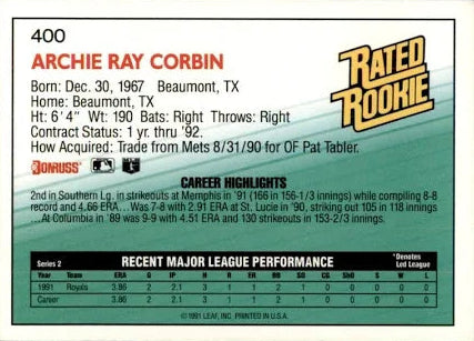 1992 Donruss Rated Rookie Archie Ray Corbin Baseball Card #400