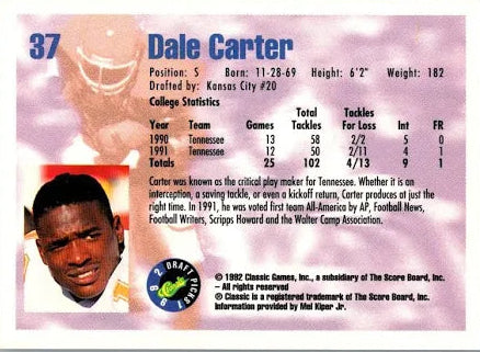 1992 Classic Draft Picks Dale Carter Football Card #37