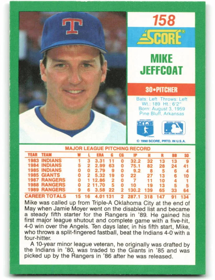 1990 Score Mike Jeffcoat Baseball Card #158