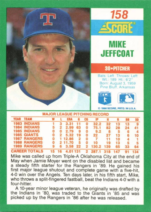 1990 Score Mike Jeffcoat Baseball Card #158