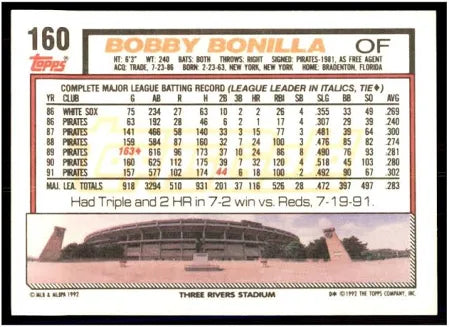 1992 Topps Bobby Bonilla Baseball Card #160