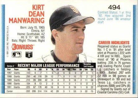 1992 Donruss Kirt Dean Manwaring Baseball Card #494