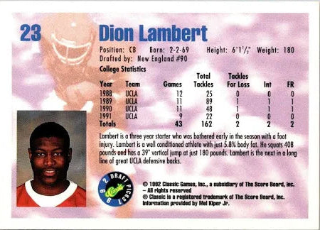 1992 Classic Draft Picks Dion Lambert Football Card #23