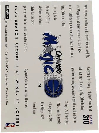 1994 Skybox 1993 Season Record 41 Wins 41 Loses Orlando Magic Changing Faces Anfernee Hardaway Larry Krystkowiak Basketball Card #310