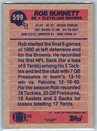 1991 Topps Rob Burnett Football Card #599