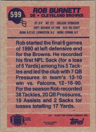 1991 Topps Rob Burnett Football Card #599