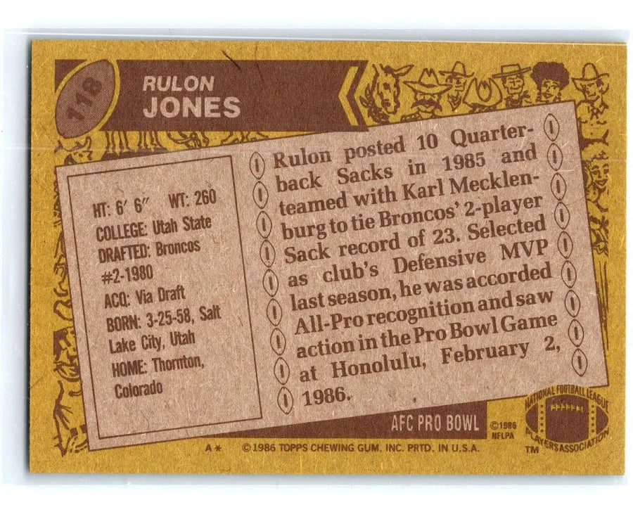 1986 Topps Rulon Jones Football Card #118