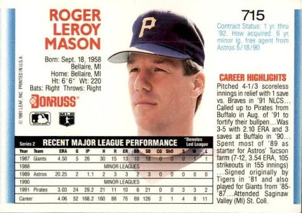 1992 Donruss Roger Leroy Mason Baseball Card #715