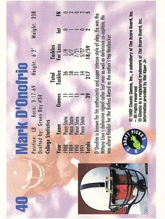 1992 Classic Draft Picks Mark D'Onofio Football Card #40